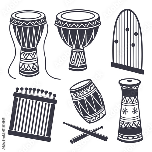African Percussion Instruments And Drumsticks djembe