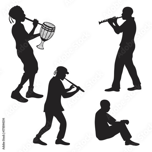 African Musicians Playing Instruments Silhouette Set Keywords: african, music, musician