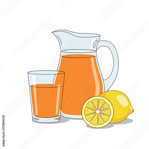 A refreshing pitcher full of orange juice with a glass and two lemons on the side.