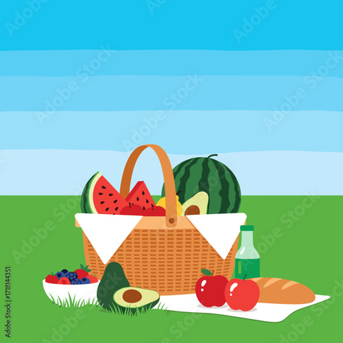 A delightful picnic basket overflowing with fresh fruits and delicious treats on a sunny day.