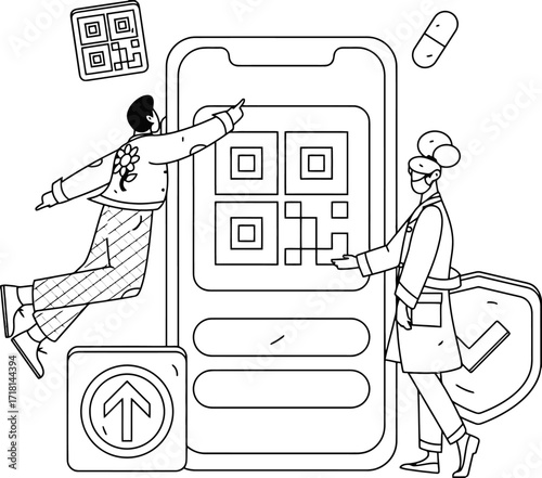 Dynamic scene of people interacting with digital QR codes on a smartphone screen, symbolizing modern technology, data access, and secure transactions with a shield icon