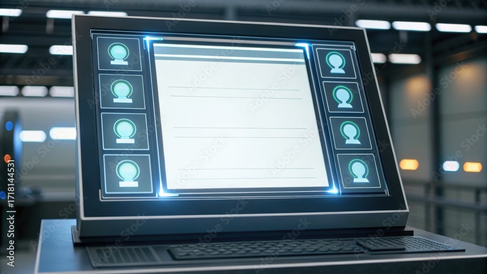 Fototapeta premium A modern touchscreen interface featuring user icons and a blank display, designed for interactive applications in a sleek, futuristic setting.