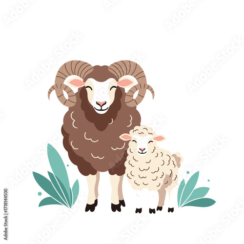 A fluffy lamb stands beside its large brown sheep parent with impressive curved horns.
