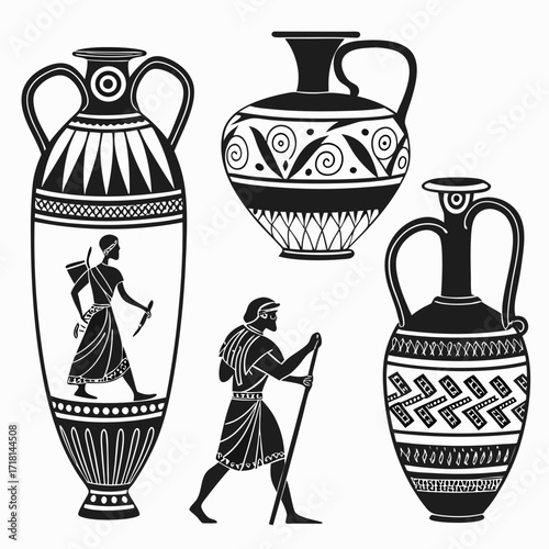 Ancient Greek Silhouettes of Figures and Decorative Vases