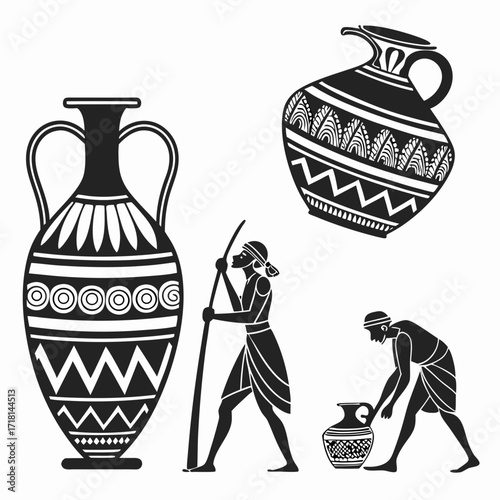 Ancient Greek Silhouettes of People and Ornate Vases