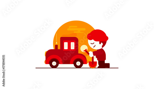 Child working on tractor illustration