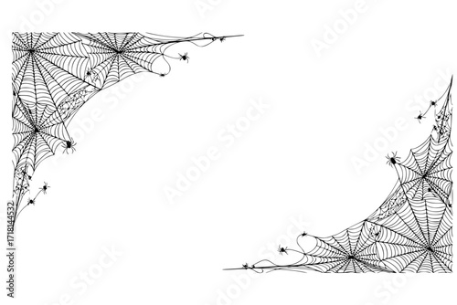 Spiderweb Corner Line Border – White Gothic Hanging Net Frame on Dark Background, Simple Spooky Halloween Decoration with Cobweb and Spider Trap Elements