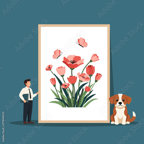 A delightful scene with a man and dog admiring a beautiful floral artwork.