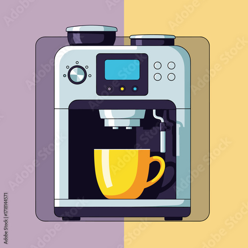 A modern automatic coffee maker brews a fresh cup of golden coffee.