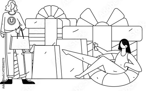 Joyful shopper surrounded by abundant gifts and shopping bags, embracing a lifestyle of abundant purchases and celebratory moments.