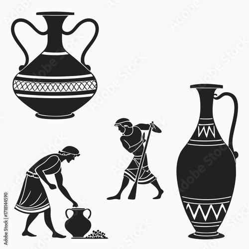 Ancient Greek Silhouettes Of Pottery And Agricultural Workers
