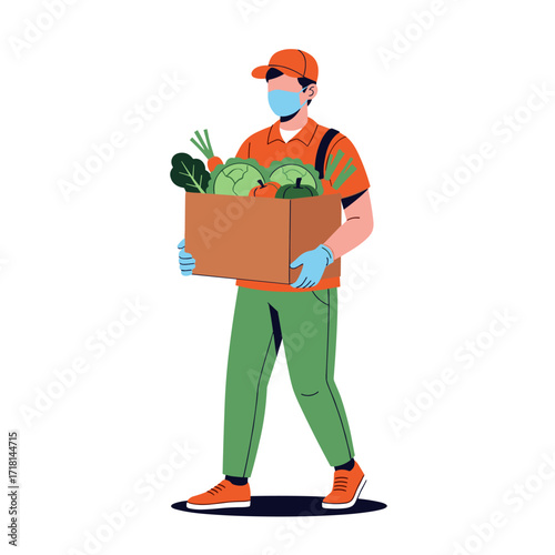 A masked delivery person carries a box filled with fresh produce and groceries during a pandemic.