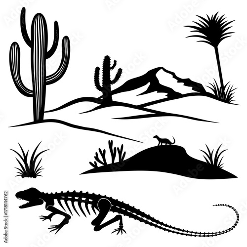 Arid desert scene with dinosaur skeleton and wildlife