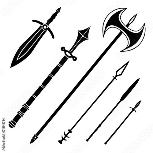 Assorted Ancient Weapon Silhouettes on White Background