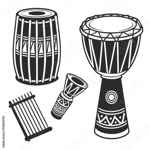 Assorted African Drums And Percussion Instruments djembe
