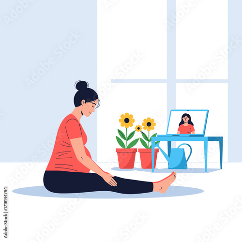 Woman practicing yoga and meditation at home while watching an online class.
