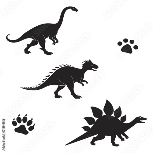 Assorted Dinosaur Silhouettes and Paw Prints Keywords: dinosaur, silhouette, paw print