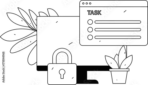 Secure digital task management with a locked computer screen and organized checklist, representing data protection and project completion with modern design elements