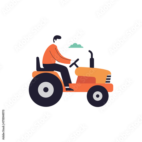 A person driving a bright orange tractor through a field under a cloudy sky.