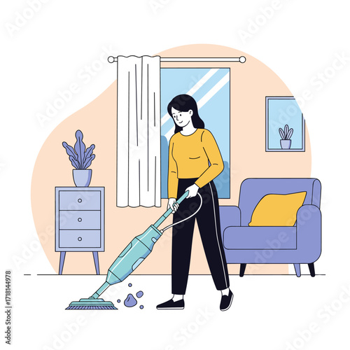 A woman vacuuming a carpeted living room with a vacuum cleaner.
