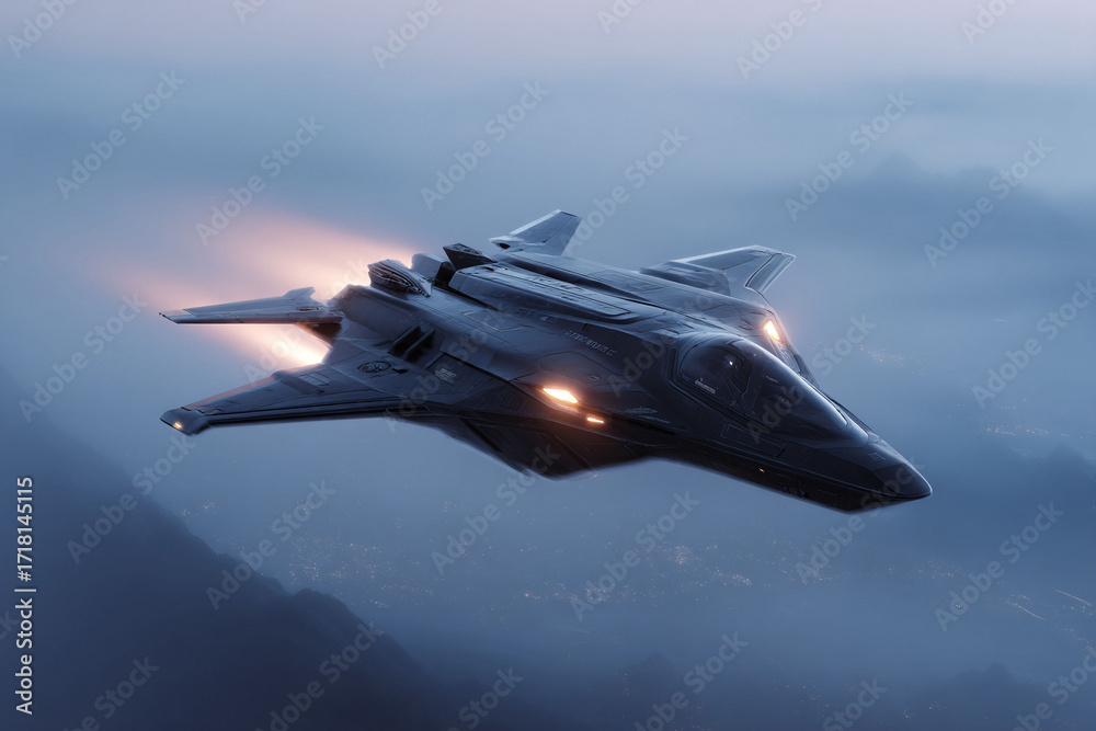 Naklejka premium Futuristic fighter jet soars through misty skies. Powerful, sleek design embodies innovation and technological advancement. Ideal for scifi, gaming, or engineering themes.