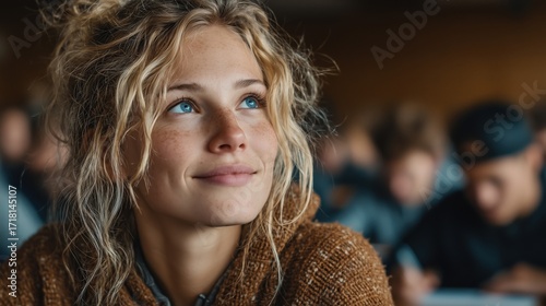 A close-up portrait of a young, diverse high school student with wavy hair and bright blue eyes, smiling and looking up attentively during a class