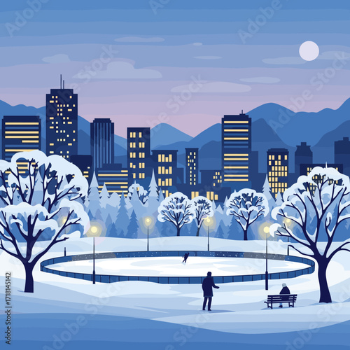 A serene winter evening unfolds in a city park with a glowing ice rink under a twilight sky.