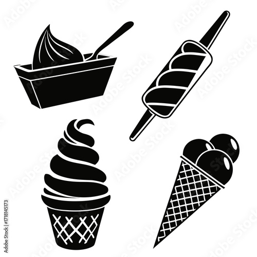 Assortment of black silhouette ice cream treats soft serve