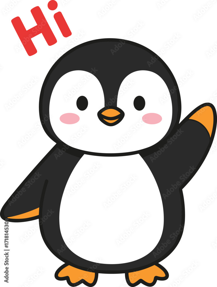 Fototapeta premium Cartoon penguin waving with cheerful smile and “Hi” text, friendly greeting character, isolated on white background, vector illustration