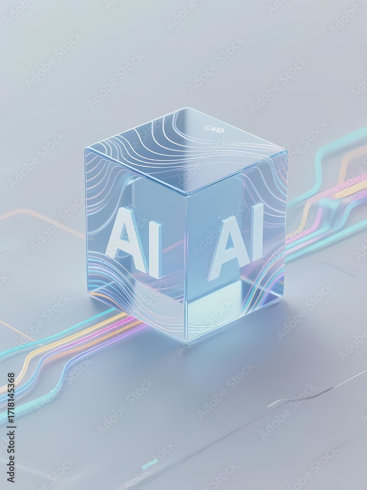Fototapeta premium Transparent cube with AI text and colorful data streams on a futuristic surface