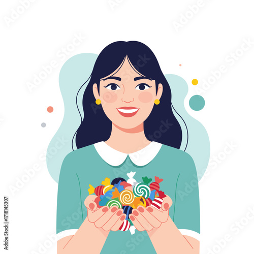 A cheerful woman holding a handful of colorful assorted candies.