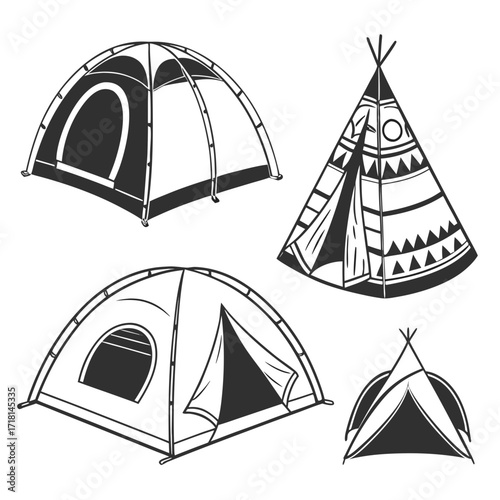 Assortment of Four Camping Tents with Decorative Teepee