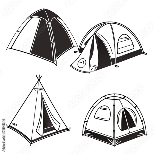 Assortment of Four Camping Tents in Black and White