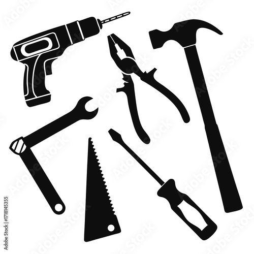 Assortment of hand tools and power drill silhouettes Keywords: tools, drill, hammer, pliers