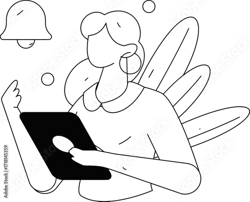 Modern woman with ethereal wings engaging with digital notifications on a tablet, embodying innovation and connectivity in a stylized artistic vision