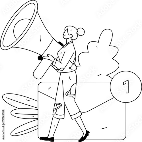 Dynamic woman announces important news with megaphone and notification alert, perfect for marketing campaigns and business communication