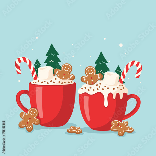 Two red mugs of hot chocolate with marshmallows and gingerbread cookies on a snowy winter day.
