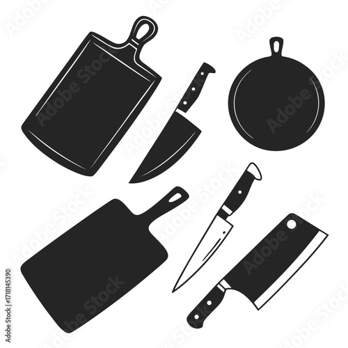 Assortment of Kitchen Knives and Cutting Boards knife