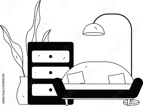 Design modern living room interior design furniture home decor couch lamp plant minimalist style black and white draw verctor art illustration png