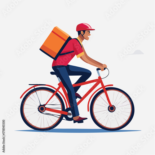 Delivery man on bicycle with food box, vector illustration.