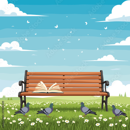 An open book lies on a park bench surrounded by pigeons and wildflowers on a beautiful day.