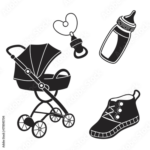 Baby stroller baby bottle and rattle silhouette Keywords: baby, stroller, baby bottle, rattle