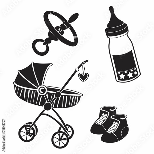 Baby carriage pacifier baby bottle and booties silhouette Keywords: baby carriage, stroller