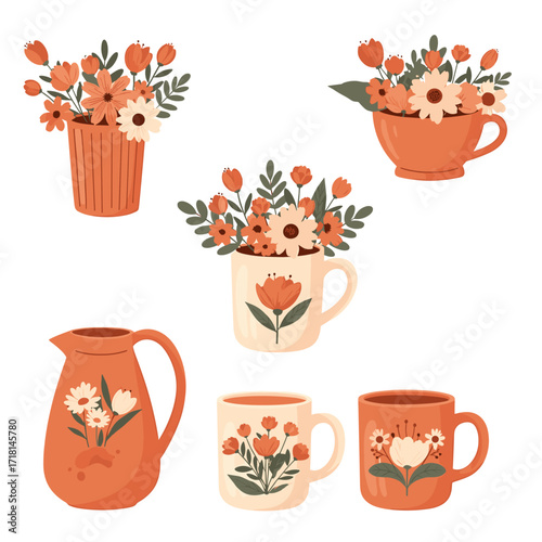 A collection of beautiful vases and mugs filled with colorful flowers for home decoration.