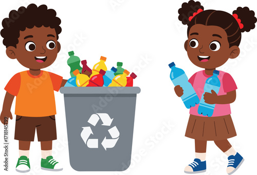 Cartoon children recycling plastic bottles, standing near green bin with symbol, promoting environmental responsibility, isolated on white background, vector illustration