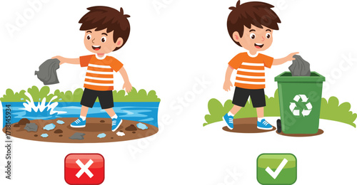Cartoon boy showing correct and incorrect trash disposal, environmental awareness concept, recycling vs pollution, isolated on white background, vector illustration
