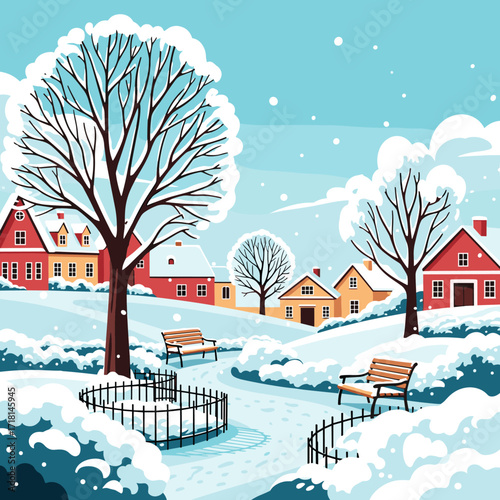 A serene winter scene unfolds in a picturesque village blanketed in fresh fallen snow.