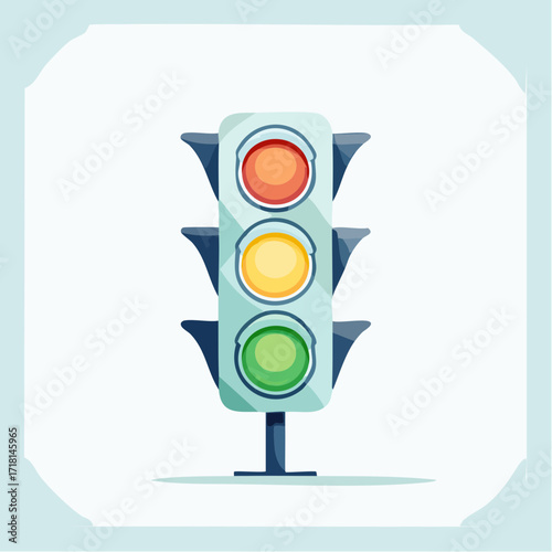 Cartoon illustration of a traffic light showing red, yellow, and green signals for road safety and control.