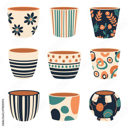 A delightful collection of nine beautifully patterned ceramic plant pots each with a unique and charming design ready to brighten any space.