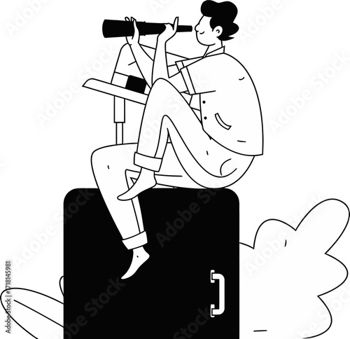 Design man telescope vision future travel suitcase chair journey exploration discovery adventure opportunity look ahead verctor art illustration png